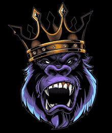 a purple gorilla with a crown on its head on a black background .