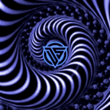 a black and white swirl with a blue circle in the middle