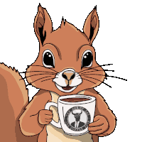 a cartoon squirrel is holding a cup of the son of tat coffee