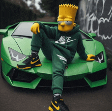 bart simpson wearing a green nike hoodie sits on a green sports car