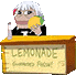 a man is sitting at a lemonade stand holding a lemon .