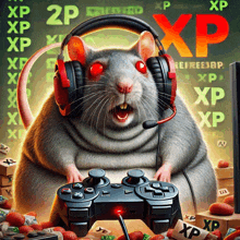 a rat wearing headphones is playing a video game with xp written in the background