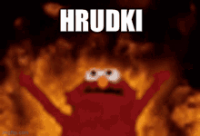 elmo from sesame street is surrounded by flames and the words hrudki are visible .