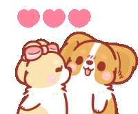 two cartoon dogs are kissing each other with three pink hearts above them