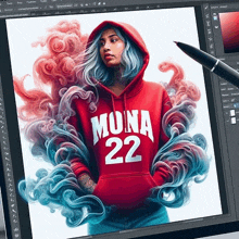 a woman wearing a red hoodie with the number 22 on it is being drawn on a computer screen .