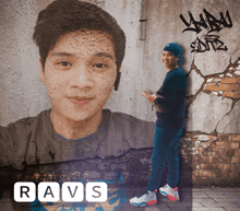 a man standing in front of a brick wall with the name ravs on the bottom