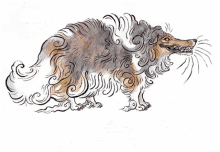 a drawing of a dog with a long haired tail