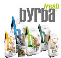 several bags of fresh byrba dog food are shown