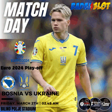 a poster for a soccer match between bosnia and ukraine on march 2nd