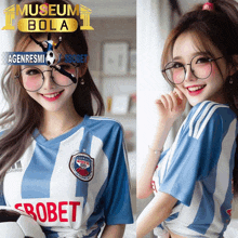 a girl wearing glasses and a blue and white jersey that says robbet on it