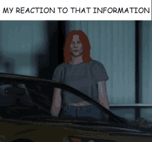 a woman with red hair is standing in front of a car with the words my reaction to that information below her