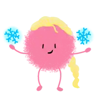 a pink cartoon character with blonde hair and a braid is holding snowflakes