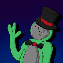 a green frog wearing a top hat and bow tie