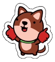 a sticker of a brown dog with red gloves pointing up