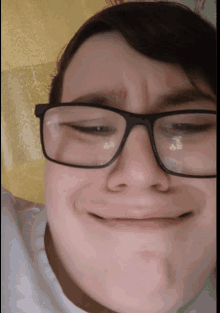 a young man wearing glasses is making a face