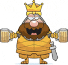 a cartoon illustration of a king with a crown holding two mugs of beer .