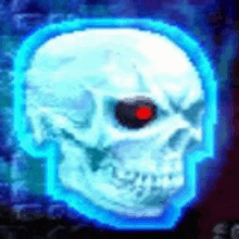 a skull with a red eye is glowing in the dark in a video game .