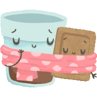 a cartoon drawing of a cup of coffee and a s'mores bar wrapped in a pink polka dot scarf