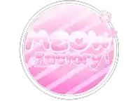 a pink logo for meow factory with paw prints and flowers