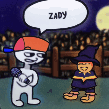 a cartoon character with a microphone and a speech bubble that says zady