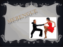 a picture of a man and a woman dancing with the word merengue on the top