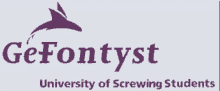 a purple and white logo for gefonyst university of screwing students