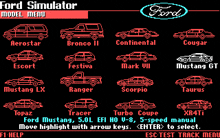 a ford simulator model menu shows various ford cars