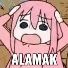 a cartoon of a girl holding her head with her hands and the word alamak on it .