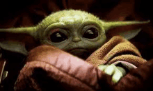 the baby yoda from star wars is wrapped in a blanket and looking at the camera .