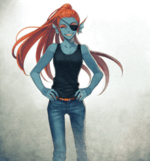 a drawing of a girl with red hair and a blue body