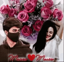 a man wearing a mask is holding a bouquet of roses next to a woman .