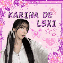 a picture of a girl with the name karina de lexi on a pink background