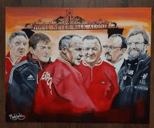 a painting of a group of men standing next to each other with the words `` you 'll never walk alone '' .