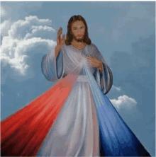 a painting of jesus with a red white and blue dress