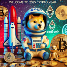 a picture of a doge in a space suit surrounded by coins and a sign that says " welcome to 2025 crypto year "