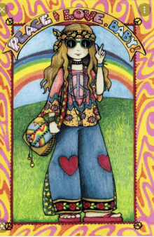 a drawing of a hippie girl with a peace sign