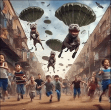 a group of children are running down a street while dogs are flying in the sky with parachutes