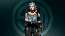 a woman with a braided hair and a headband stands in front of a circle with the letter s on it