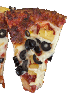 two slices of pizza with olives and pineapple on them