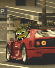 a cartoon frog is driving a red sports car in front of a parking lot