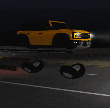 a pixel art of a yellow truck driving down a road at night