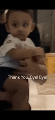 a baby is being held by a person and says thank you bye bye .