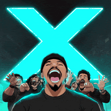 a cartoon of a man screaming in front of a neon x