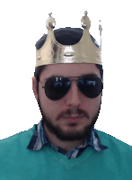 a man wearing a gold crown and sunglasses