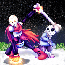 a cartoon drawing of papyrus and sans fighting with a torch