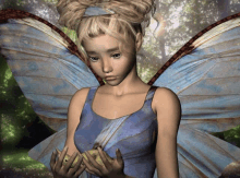 a fairy in a blue dress is holding a butterfly in her hands