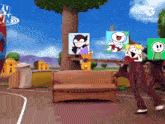 a bunch of cartoon characters are dancing in front of a couch and a sign that says kinemaster