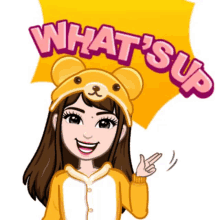 a cartoon girl wearing a teddy bear hat says " what 'sup "