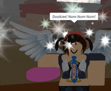 a girl with wings is wearing a roblox shirt and tie