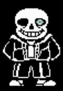 a pixel art of a skeleton with blue eyes .